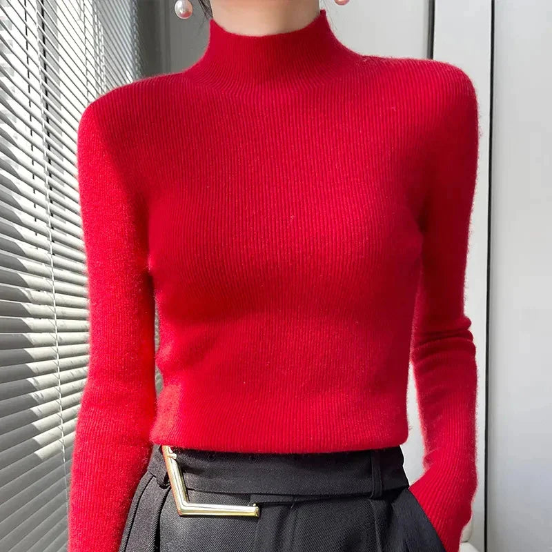 Women's knit sweater with half turtleneck and long sleeves