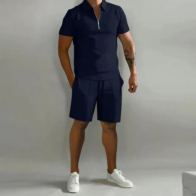 Men’s Polo and Shorts Set – Slim Fit Top – Relaxed Shorts – Zipper Collar – Breathable Blend