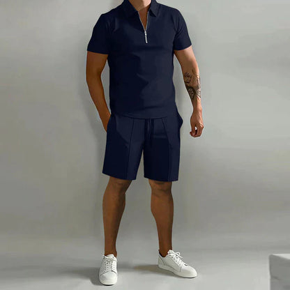 Men’s Polo and Shorts Set – Slim Fit Top – Relaxed Shorts – Zipper Collar – Breathable Blend
