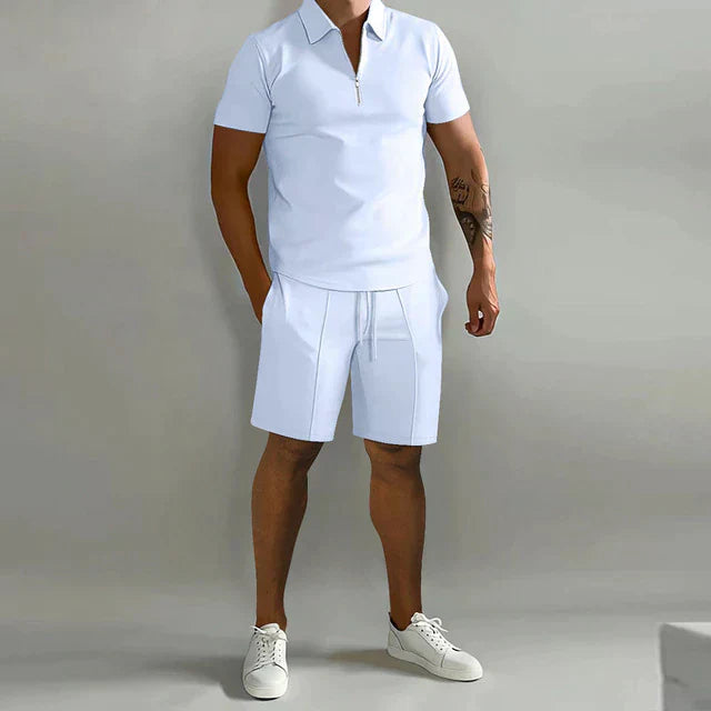 Men’s Polo and Shorts Set – Slim Fit Top – Relaxed Shorts – Zipper Collar – Breathable Blend