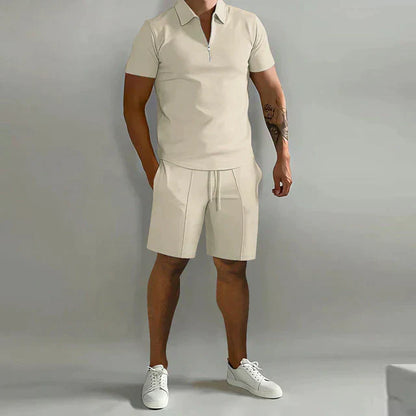 Men’s Polo and Shorts Set – Slim Fit Top – Relaxed Shorts – Zipper Collar – Breathable Blend