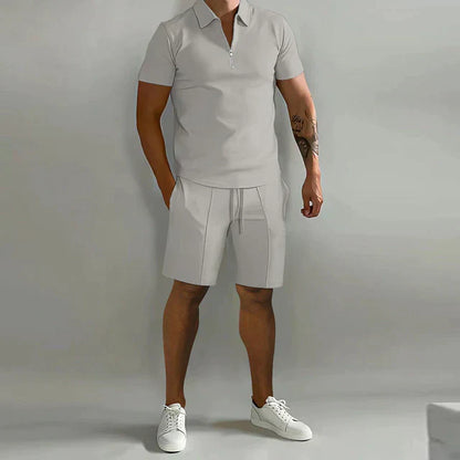 Men’s Polo and Shorts Set – Slim Fit Top – Relaxed Shorts – Zipper Collar – Breathable Blend