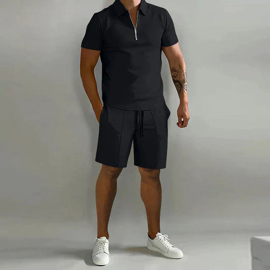 Men’s Polo and Shorts Set – Slim Fit Top – Relaxed Shorts – Zipper Collar – Breathable Blend