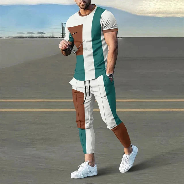 Men's long sleeve tshirt and pants with color blocking two piece