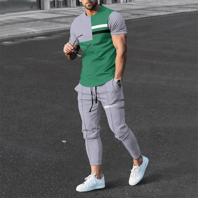 Men's long sleeve tshirt and pants with color blocking two piece