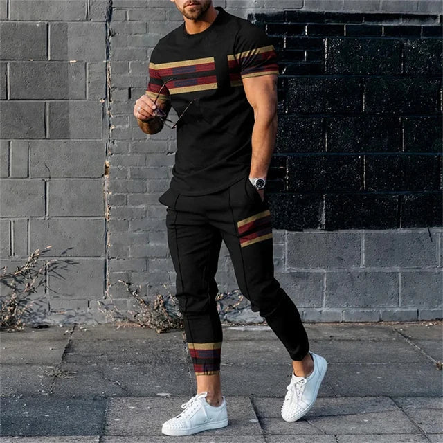 Men's long sleeve tshirt and pants with color blocking two piece