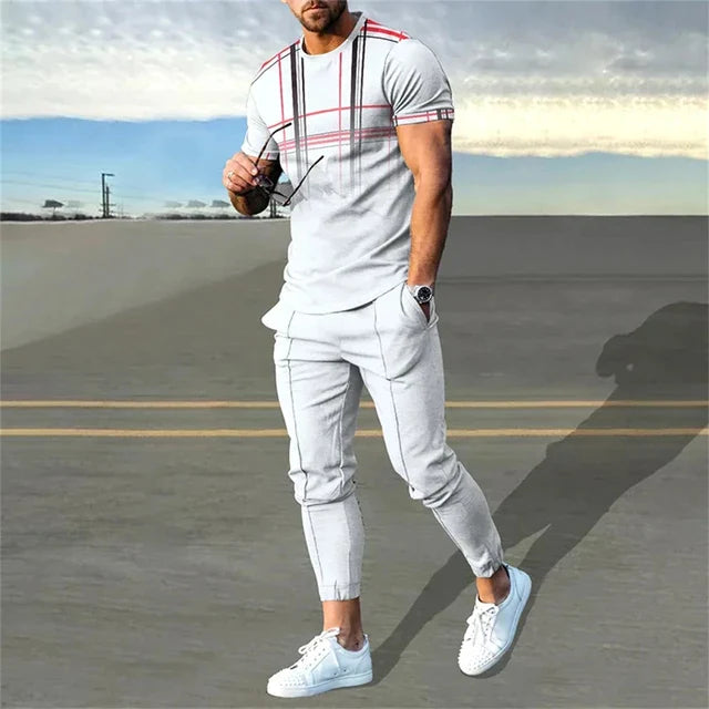 Men's long sleeve tshirt and pants with color blocking two piece