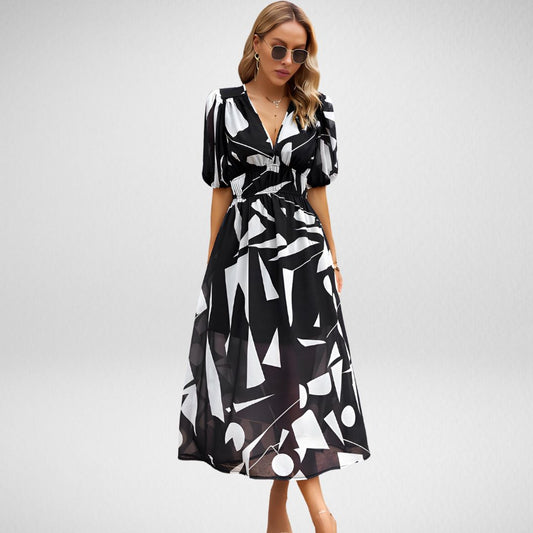 Women's Midi Dress - Abstract Pattern - V-Neck - Puff Sleeve - Fitted Waist - Flowy Fit