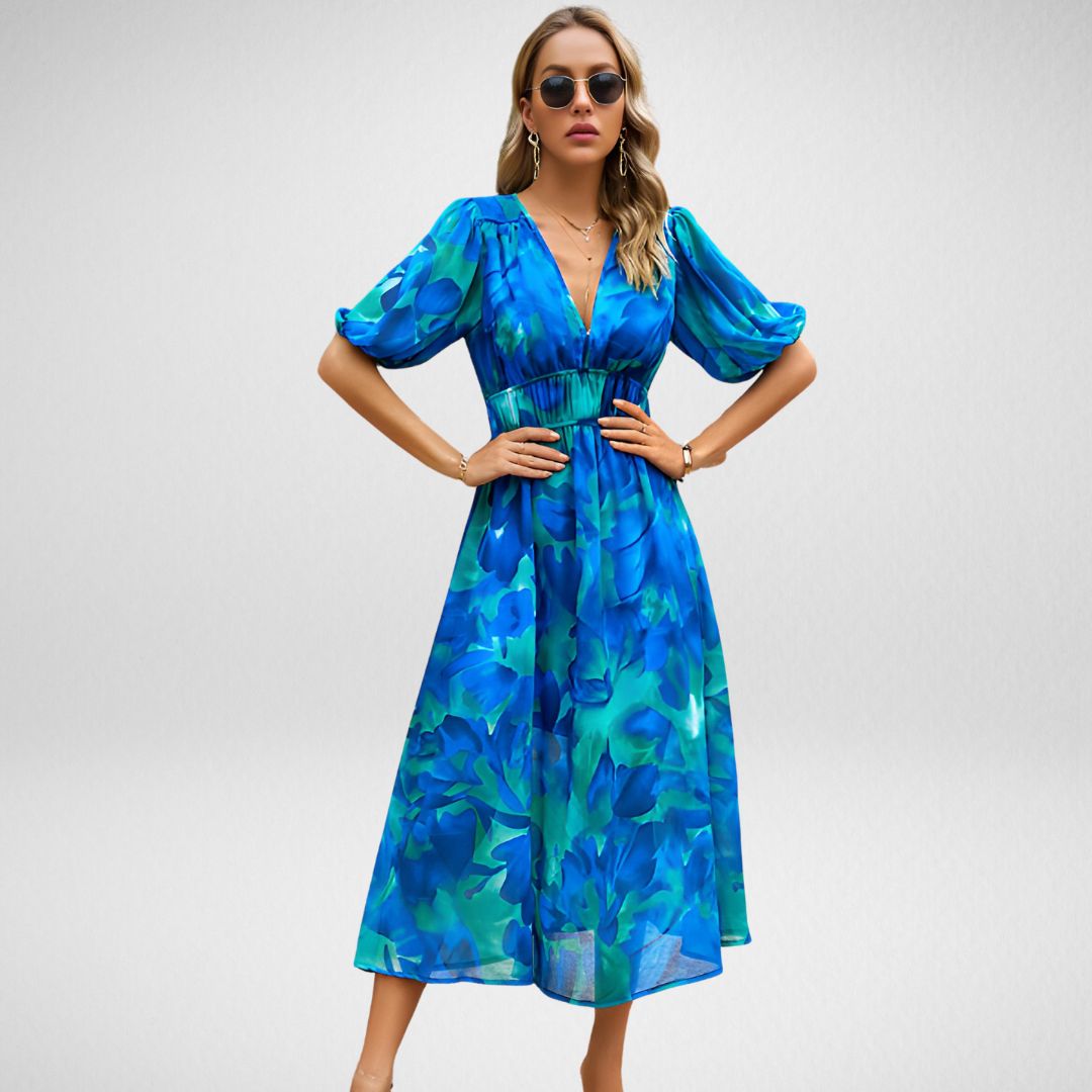 Women's Midi Dress - Abstract Pattern - V-Neck - Puff Sleeve - Fitted Waist - Flowy Fit