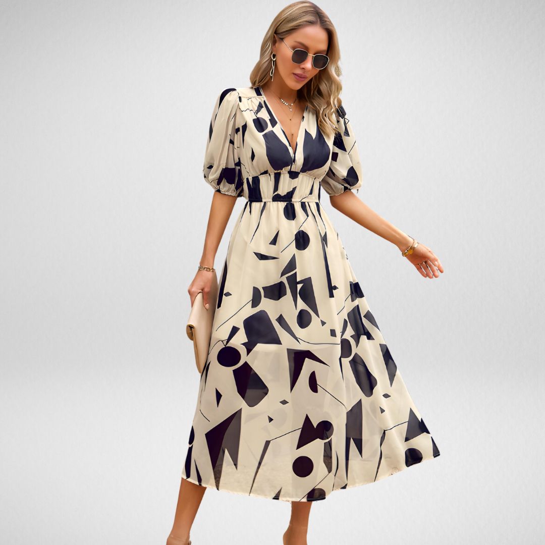 Women's Midi Dress - Abstract Pattern - V-Neck - Puff Sleeve - Fitted Waist - Flowy Fit