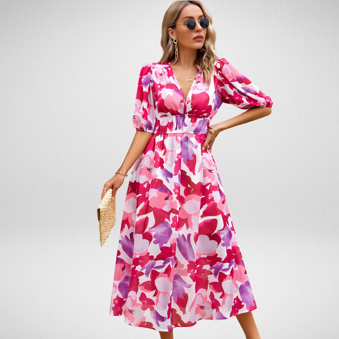 Women's Midi Dress - Abstract Pattern - V-Neck - Puff Sleeve - Fitted Waist - Flowy Fit