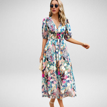 Women's Midi Dress - Abstract Pattern - V-Neck - Puff Sleeve - Fitted Waist - Flowy Fit