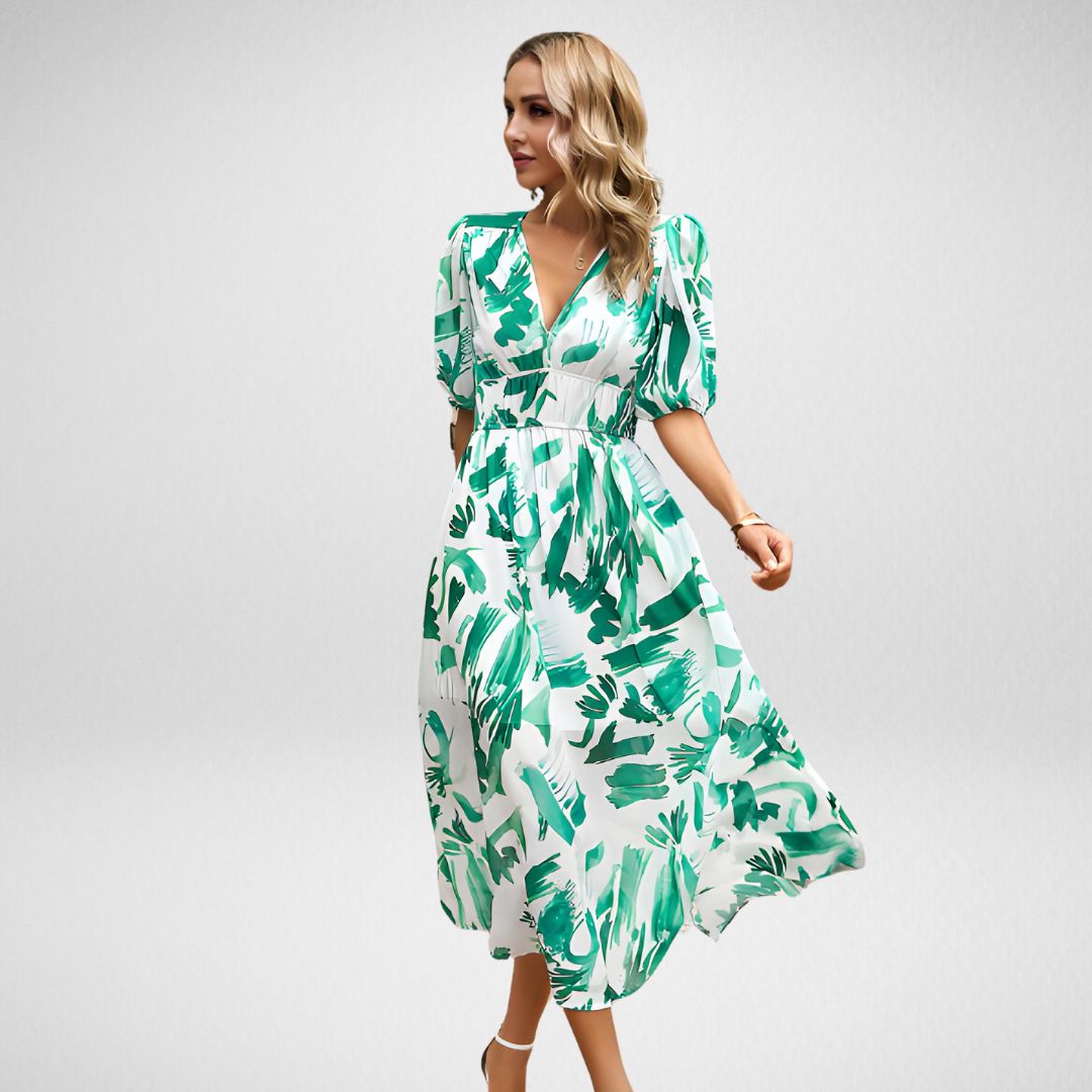 Women's Midi Dress - Abstract Pattern - V-Neck - Puff Sleeve - Fitted Waist - Flowy Fit