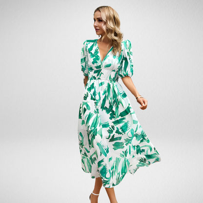 Women's Midi Dress - Abstract Pattern - V-Neck - Puff Sleeve - Fitted Waist - Flowy Fit