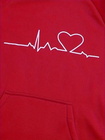 Women's Hoodie & Joggers Set - Heartbeat Graphic - Relaxed Fit - Drawstring Hood & Waist