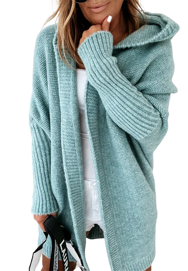 Women’s Cardigan – Oversized Fit – Knitted Wool Blend – Hooded Open Front Layering