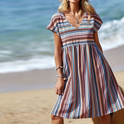 Women's Dress - V-Neck A-Line - Short Sleeve Lightweight Boho Style