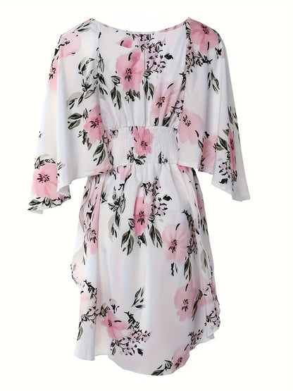 Women's Floral Dress - V-Neck - Bell Sleeves - Smocked Waist - Ruffled Asymmetrical Hem