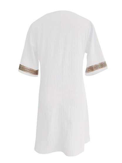 Women's V-Neck Tunic Dress - Lace Detail - 3/4 Sleeve - Lightweight & Breathable