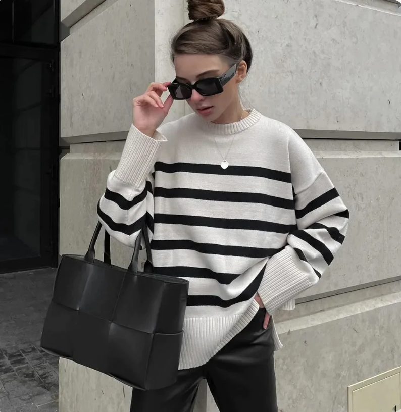 Women's color block stripe sweater with loose shoulder