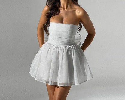 Women's Strapless Dress - Fitted Bodice - Flared Skirt - Shimmering Elegant Party Wear