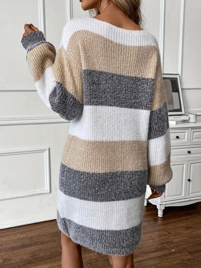 Women's Sweater Dress - Knitted Soft Fabric - Relaxed Fit - Long Sleeve Striped Design