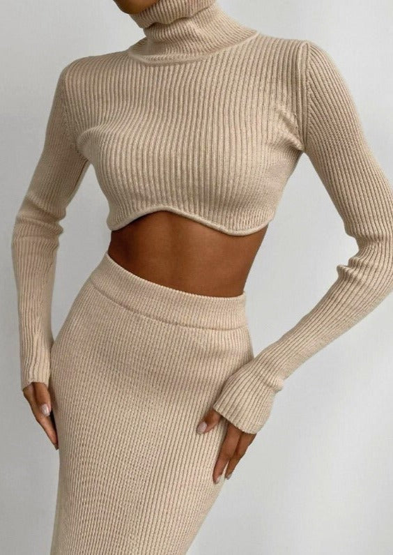 Womens High-Neck Sweater Set with Asymmetrical Cropped Top and Skirt