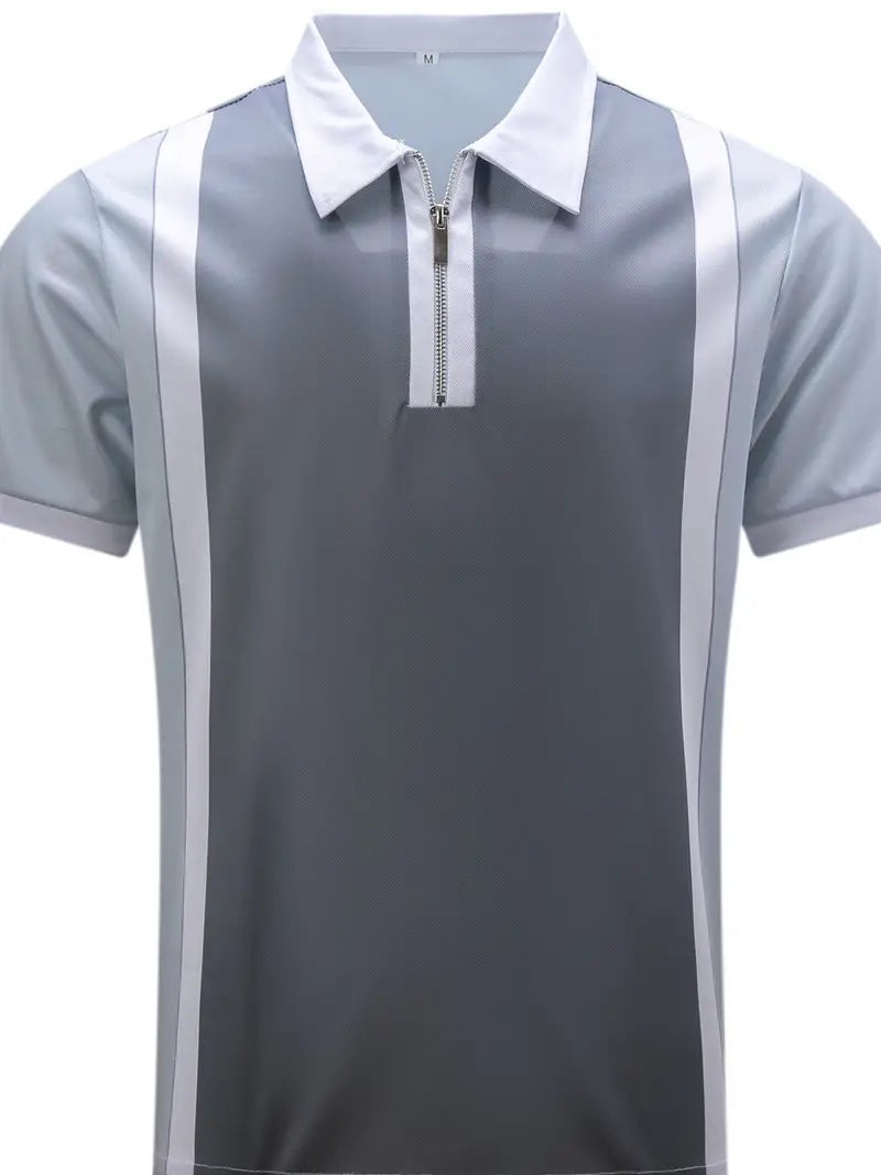 Men’s Polo Shirt - Fitted Cut - Zipper Closure - Contrast Stripe Detail - Short Sleeve