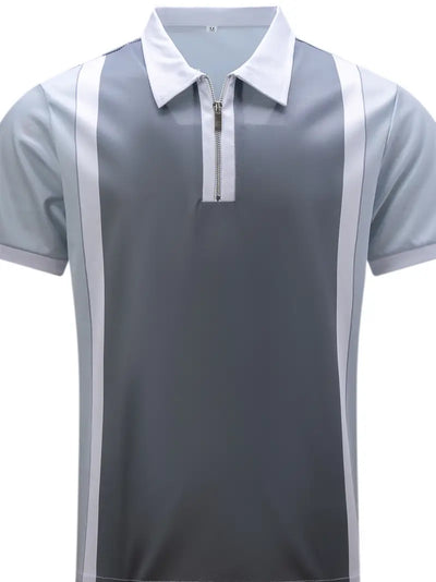 Men’s Polo Shirt - Fitted Cut - Zipper Closure - Contrast Stripe Detail - Short Sleeve