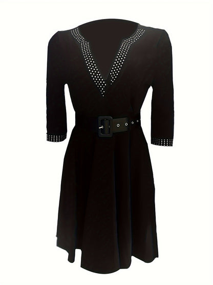 Women's A-Line Dress - V-Neck Embellished - 3/4 Sleeve Midi - Belted Waist