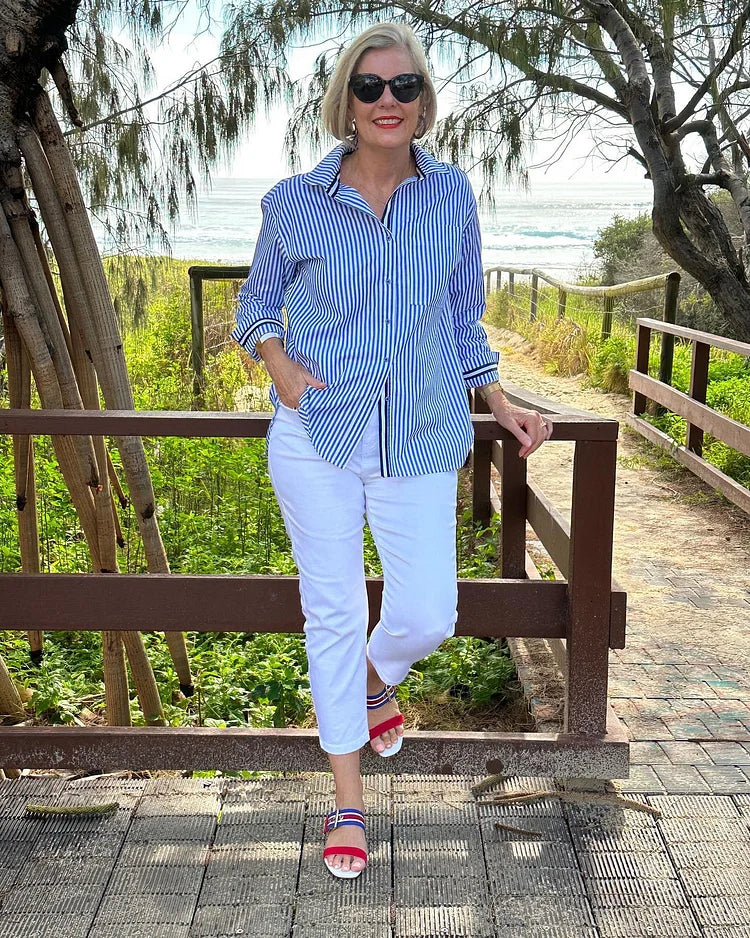 Women’s Button-Up Shirt – Relaxed Fit – Lightweight Cotton – Long Sleeve Striped Casual