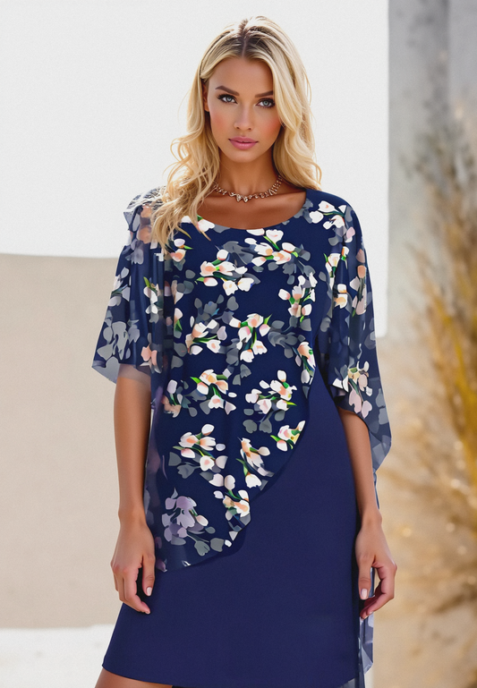Women’s Knee-Length Dress – Relaxed Fit – Floral Print – Asymmetrical Overlay – Breathable Fabric