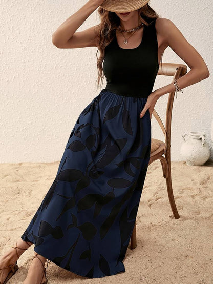 Women's Sleeveless Maxi Dress - Fitted Bodice - Scoop Neck - Flowy A-Line Skirt