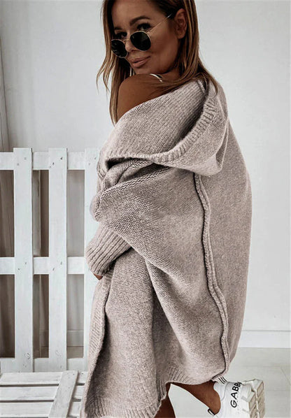 Women’s Cardigan – Oversized Fit – Knitted Wool Blend – Hooded Open Front Layering