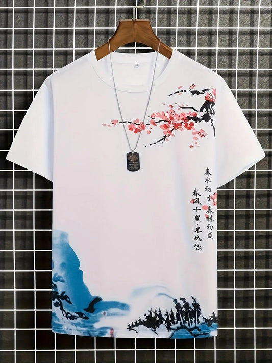 Men’s T-Shirt - Artistic Blossom & Wave Design - Short Sleeve - Casual Wear