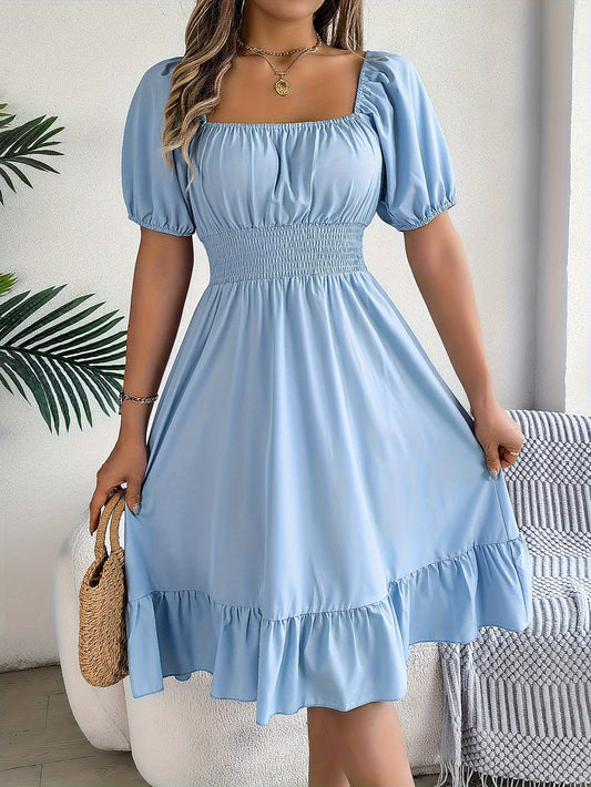 Women's Midi Dress - Smocked Bodice - Puff Sleeves - A-Line with Ruffled Hem