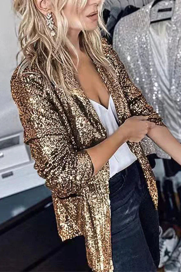 Sequin Long Sleeve Lapel Blazer - Sparkly Statement Party Outerwear for Women