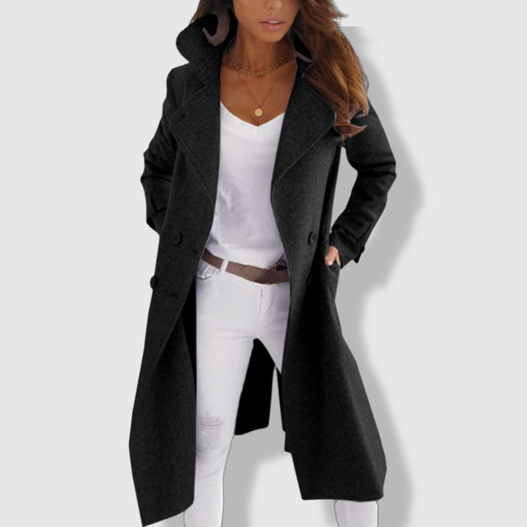 Women's Trench Coat - Wool Blend - Double-Breasted - Wide Lapel - Longline Elegant Fit