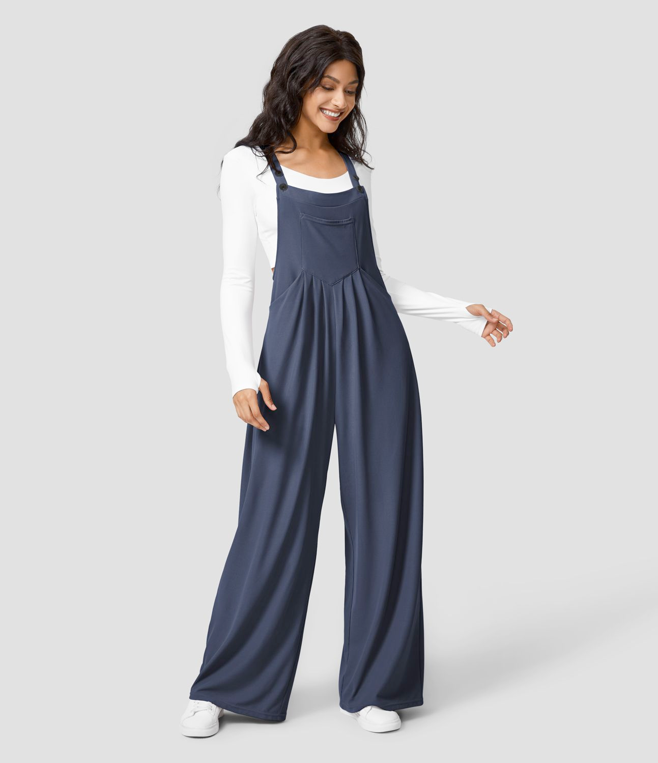 Women's Wide-Leg Overalls - Relaxed Fit - Button Strap - Casual Lightweight Wear