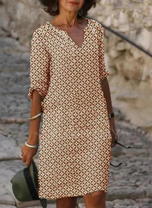 Women’s Knee-Length Dress – Loose Fit – V-Neck – 3/4 Sleeve – Breathable Blend – Geometric Print