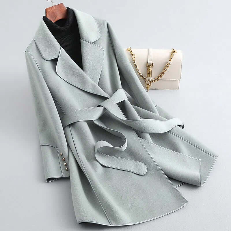 Women’s Wool Coat – Tailored Fit – Wrap Style Belted – Notched Lapel – Full Length
