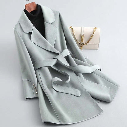 Women’s Wool Coat – Tailored Fit – Wrap Style Belted – Notched Lapel – Full Length