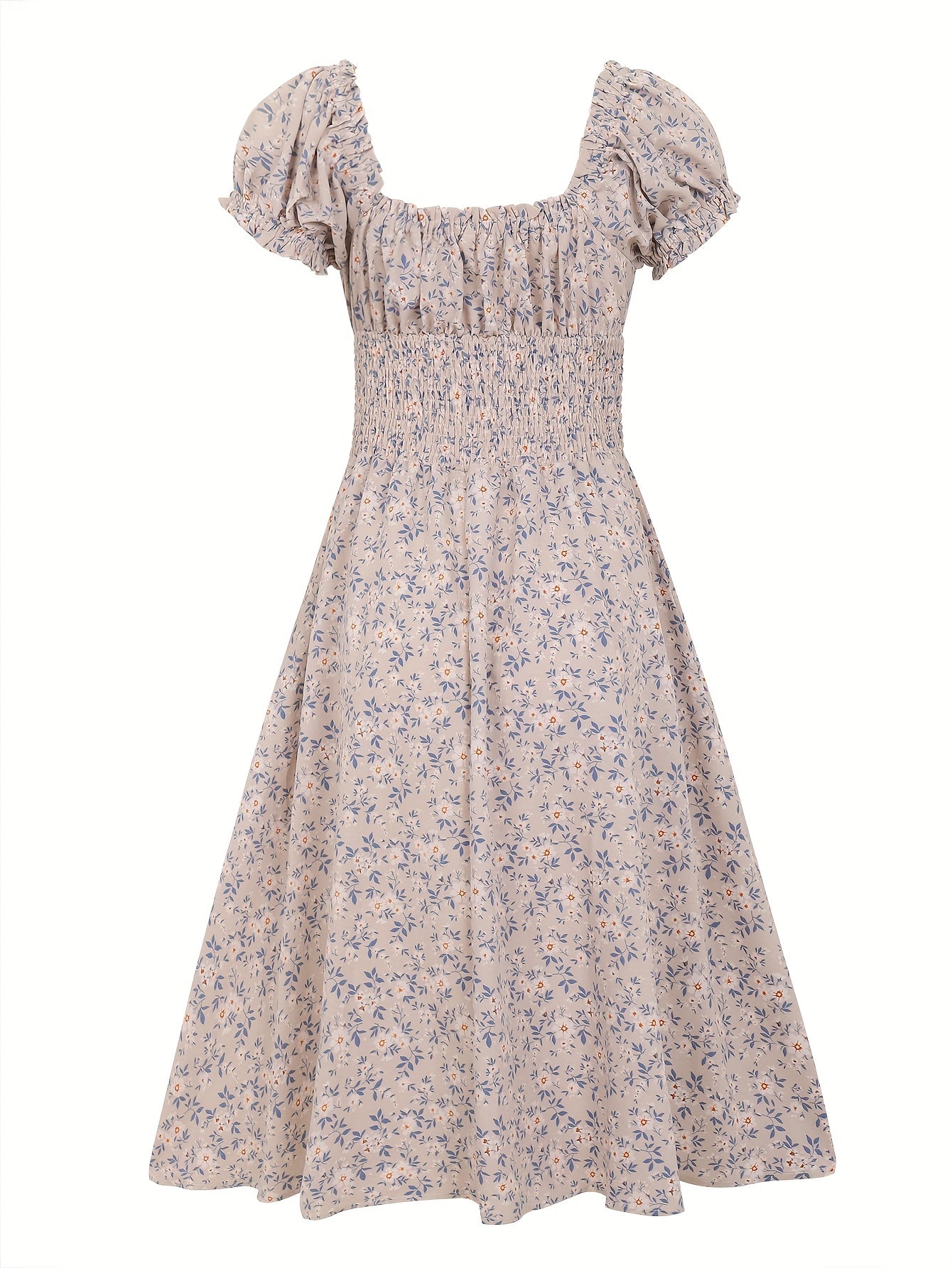 Floral summer midi dress with puff sleeves for women