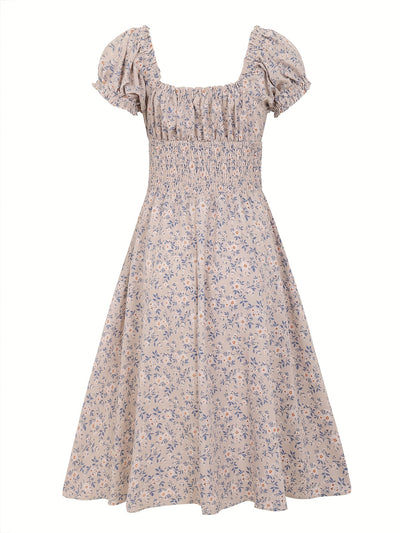 Floral summer midi dress with puff sleeves for women