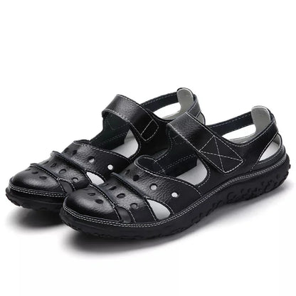 Women's Casual Sandals - Leather Upper - Cushioned Insole - Adjustable Velcro Straps