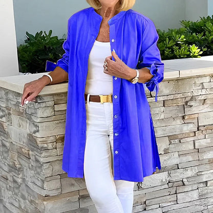 Women’s Long Shirt – Relaxed Fit – Button Front – Breathable Blend – Tie Cuff Sleeves