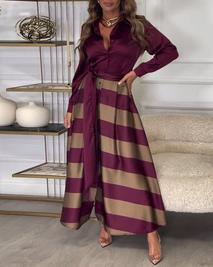 Women's Maxi Shirt Dress - Button-Up Long Sleeve - Striped Flowing Skirt - Belted Waist