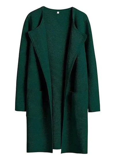 Women’s Knee-Length Coat – Wool Blend – Relaxed Fit – Wide Lapel – Patch Pockets