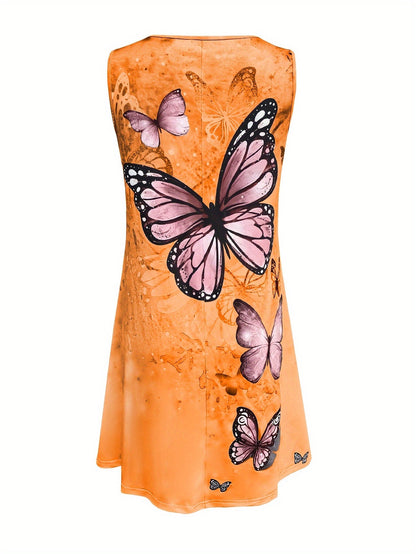 Women's Summer Butterfly Print Sleeveless Dress with Round Neck