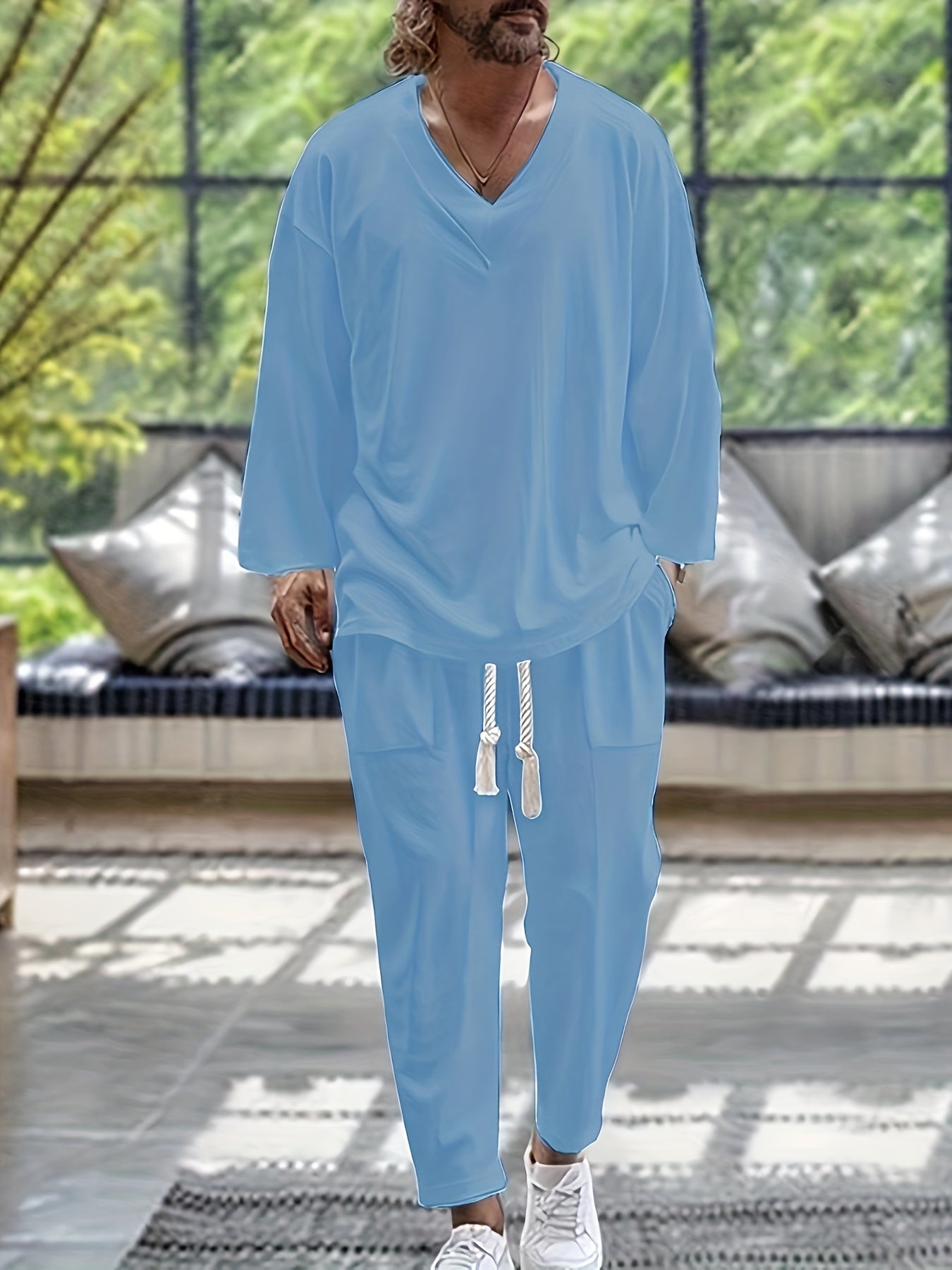 Men’s Loungewear Set – V-Neck Long Sleeve Top – Relaxed Fit Trousers with Pockets